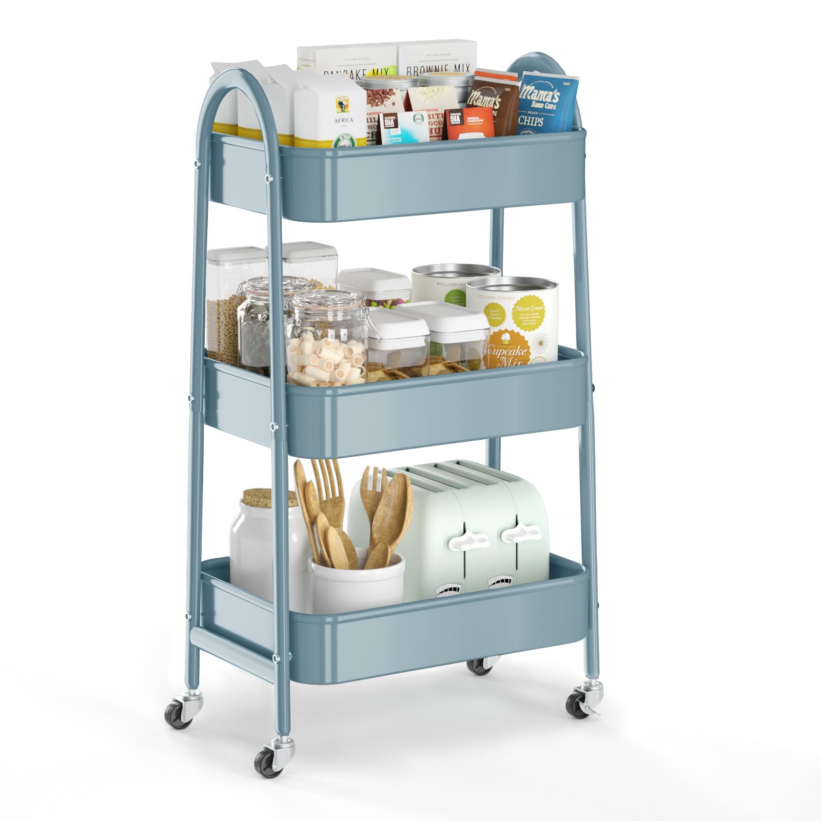3 Tier Utility Rolling Cart, EAGMAK Metal Storage Cart with Handle and Lockable Wheels