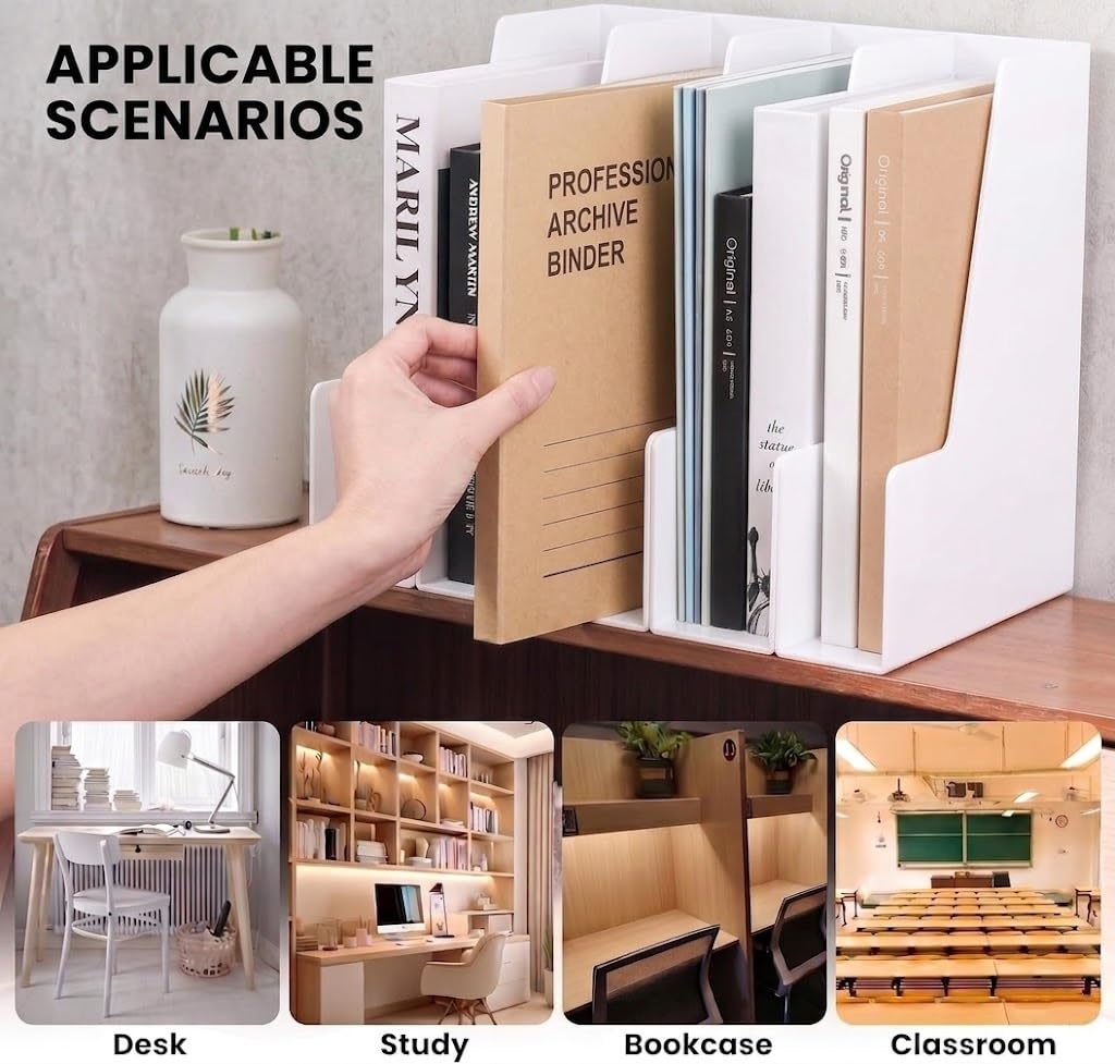 LALOBLUE White Vertical File Organizer, 4 Section Magazine Holder for Desk, Desktop File Folder