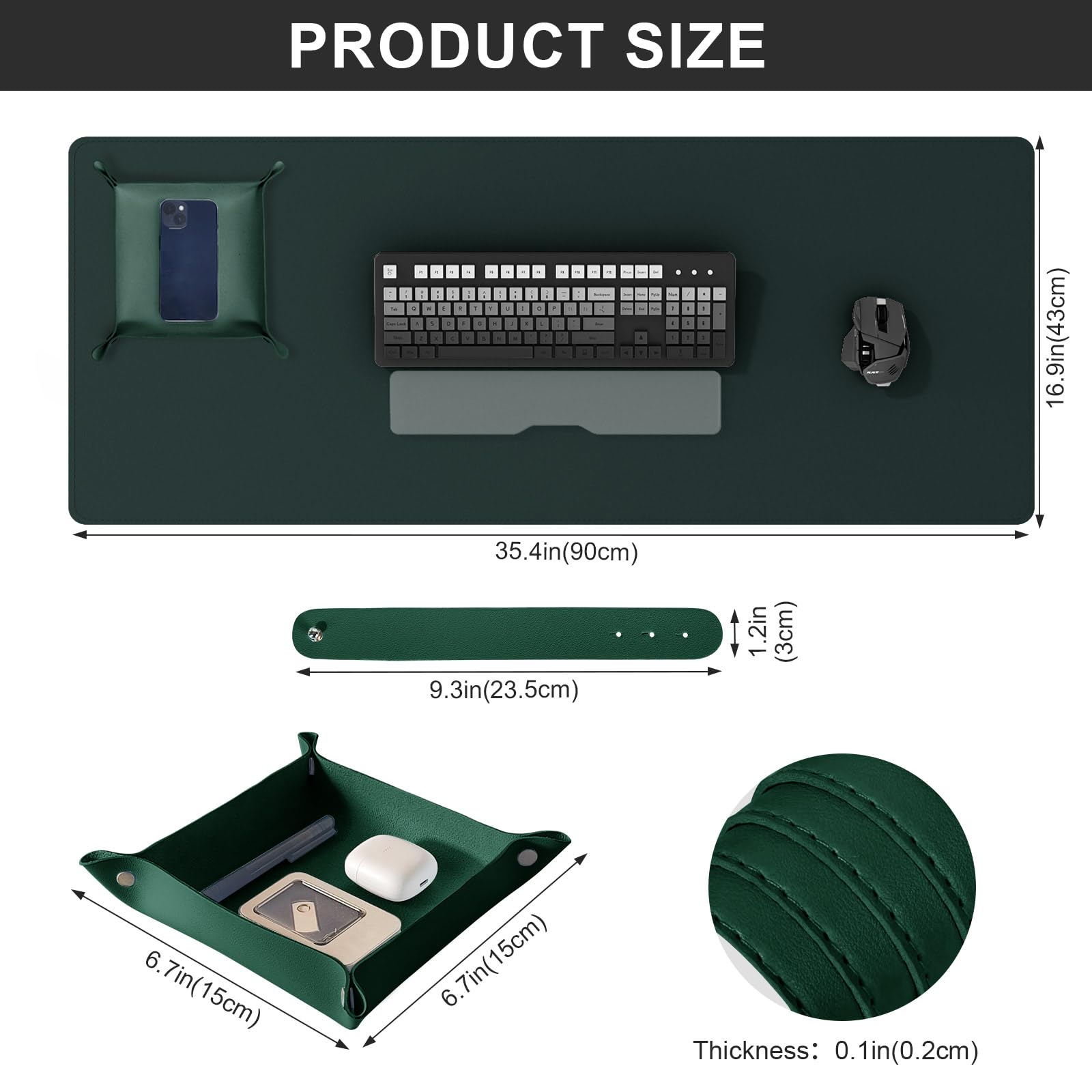 DAWNTREES Dark Green Desk Mat,Leather Desk Pad,35.5"x17",Cork Desk Mat Protector,with PU Leather