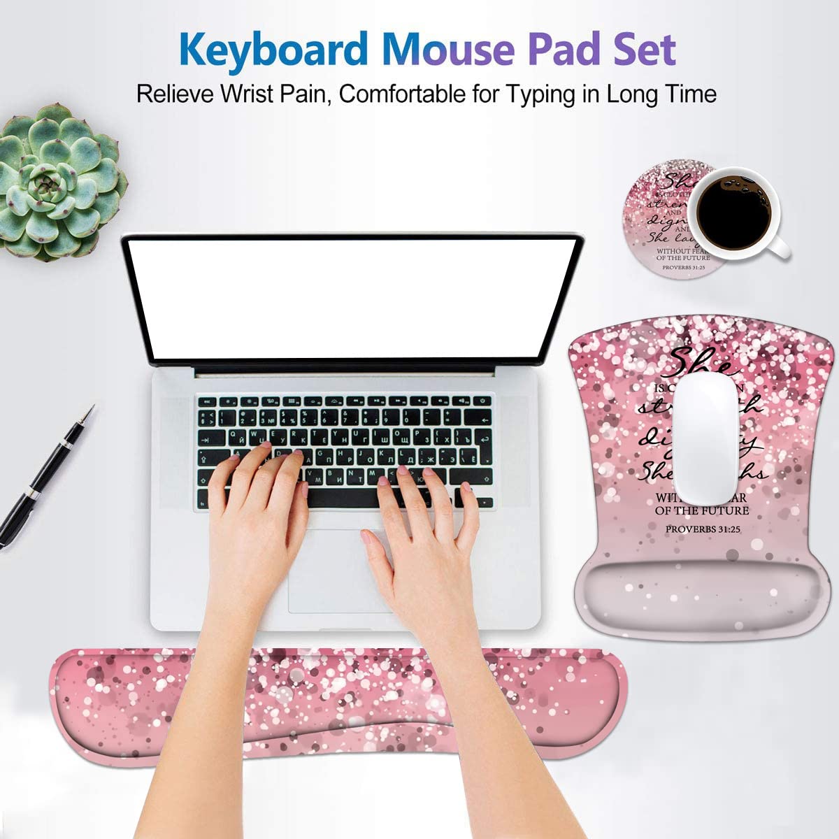 Keyboard Wrist Rest and Mouse Wrist Rest Pad Set with Coasters, Ergonomic Support, Non-Slip PU