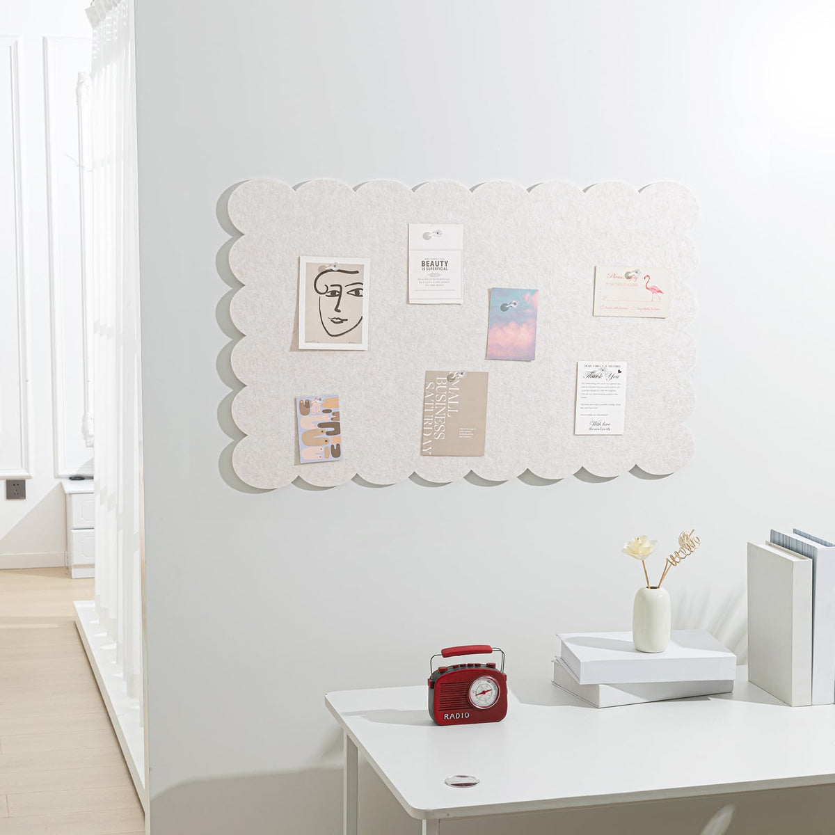 Mooliwe Scalloped Felt Bulletin Cork Board Foldable Beige 36 * 18 Inch