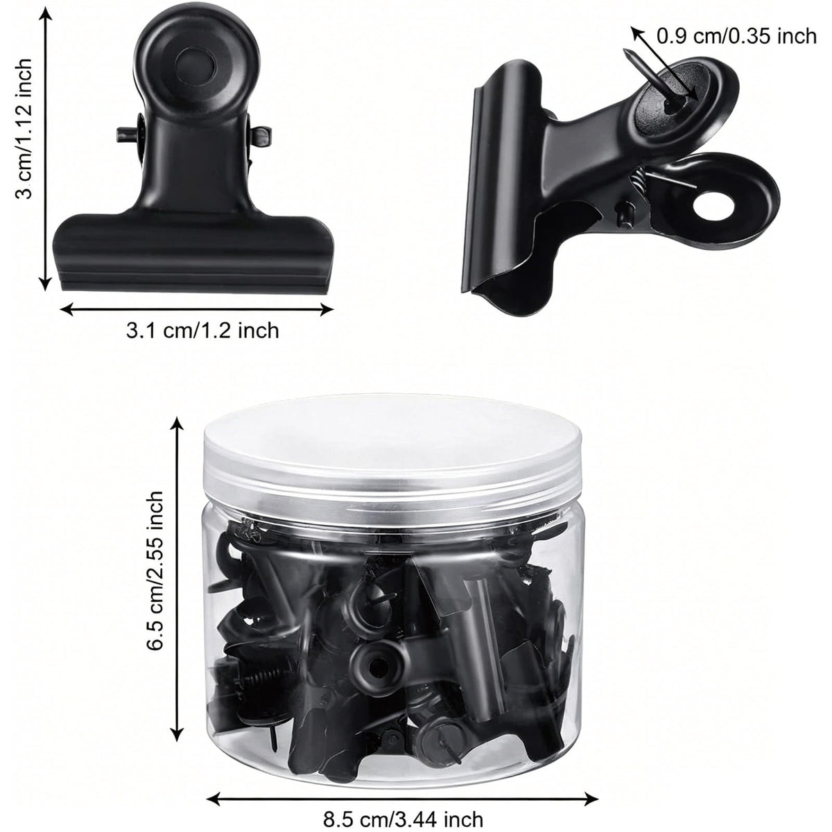 30 Pack Push Pins with Bulldog Clips, Black, 1.2" Metal No Hole Thumb Tacks for Cork Board Bulletin