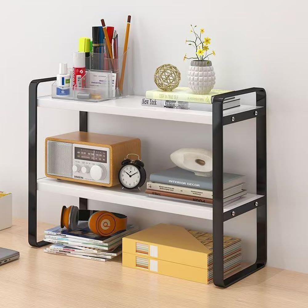 Hbluefat Desktop Organizer Shelf, 2-Tier Multipurpose Tabletop Storage Bookshelf, Small Wooden