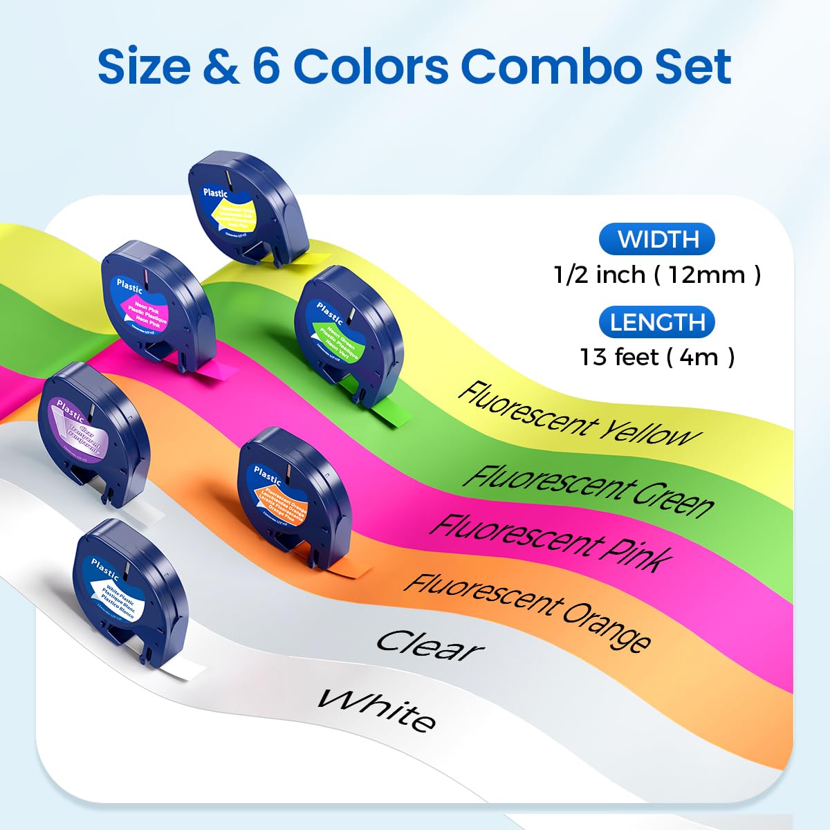 Replace for Dymo Letratag Refills Plastic Color 12mm x 4m 1/2" x 13'