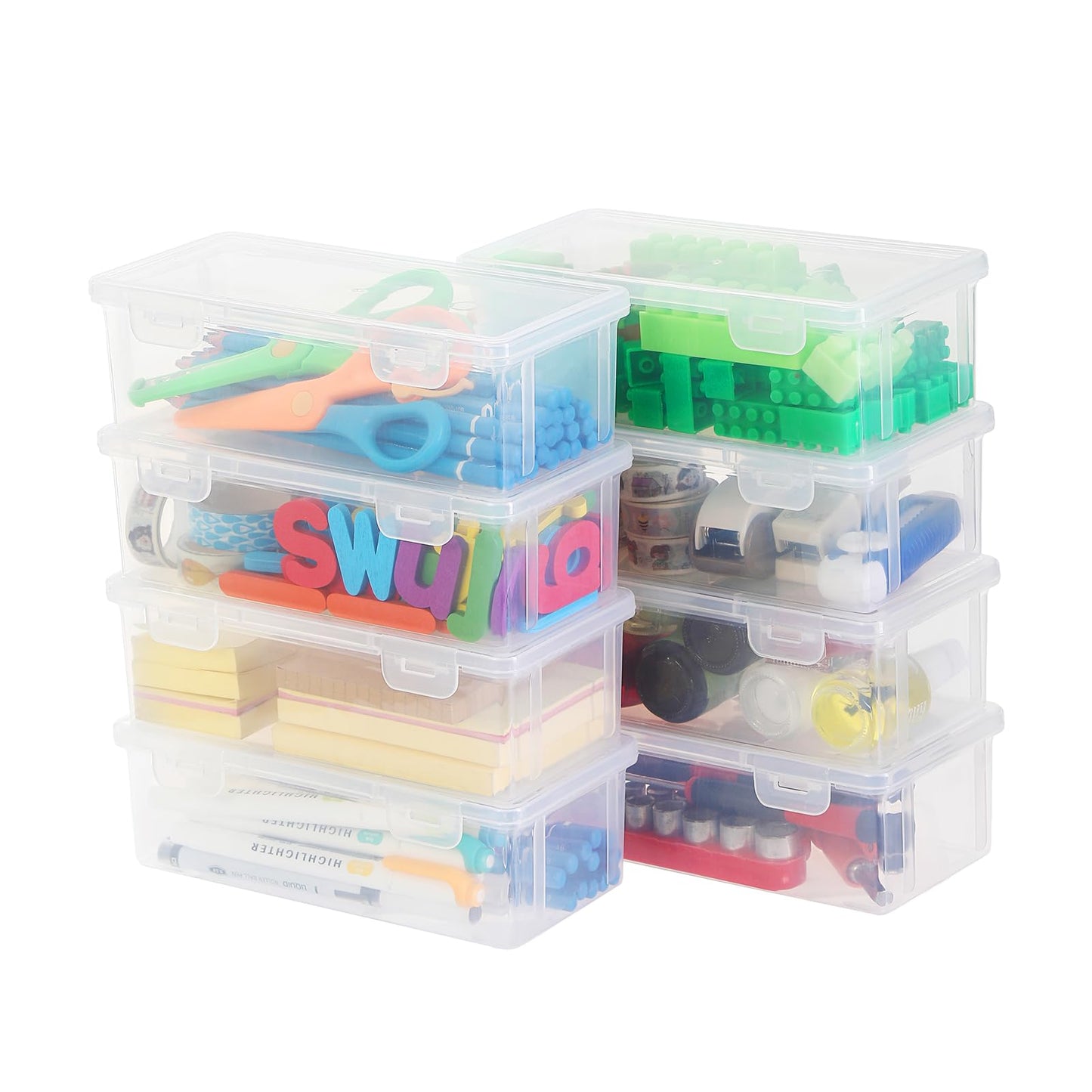 Swuj 8 Pack Large Clear Pencil Box, Stackable Snap-Lid Plastic Pencil Case