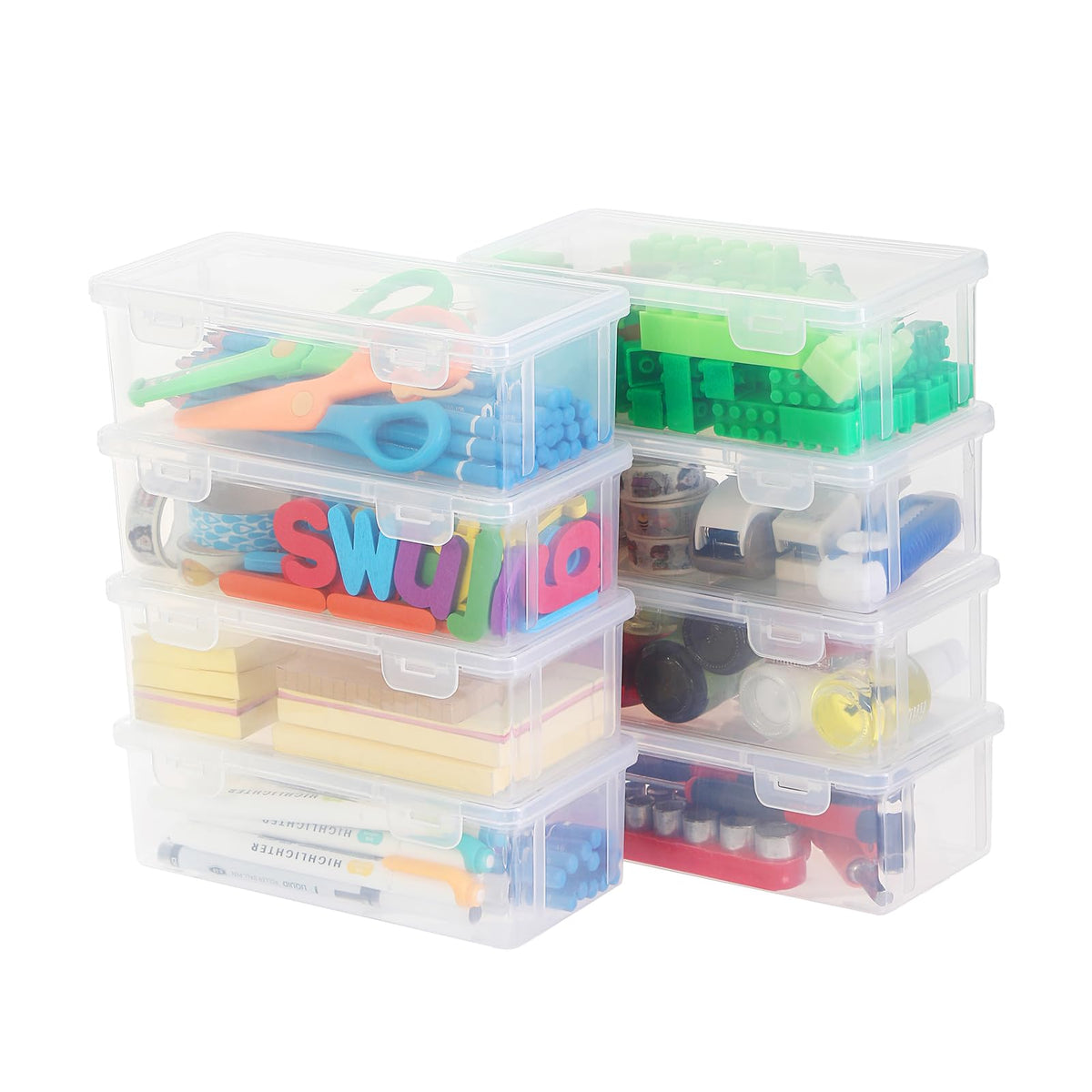 Swuj 8 Pack Large Clear Pencil Box, Stackable Snap-Lid Plastic Pencil Case