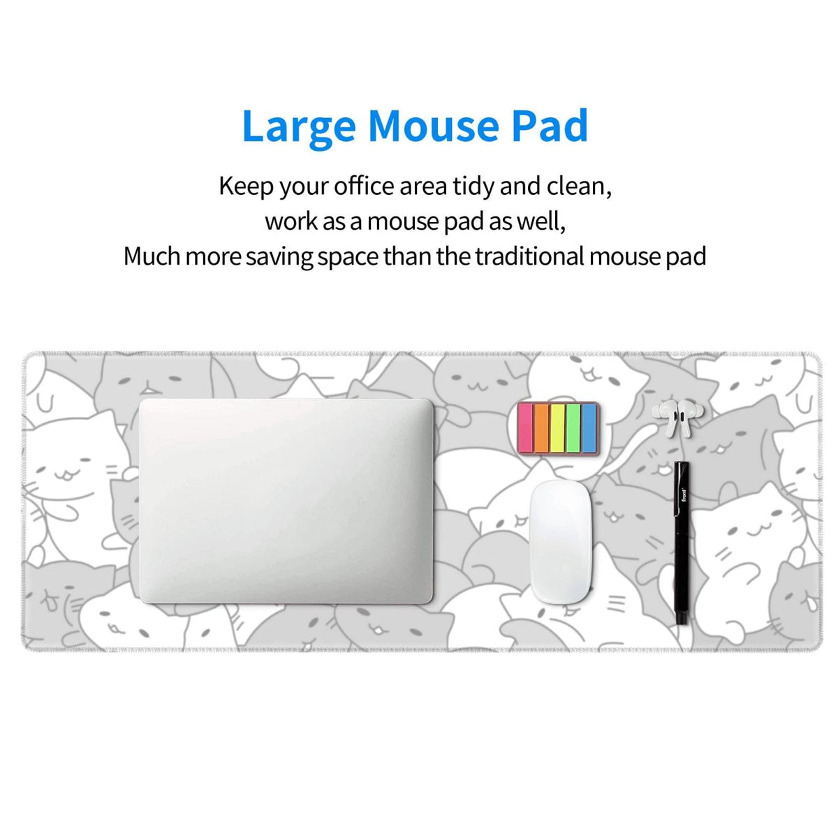 White Kawaii Cats E-Sport Mouse Pad Large Desk Mat Non-Slip Rubber Base Stitched Edge Keyboard