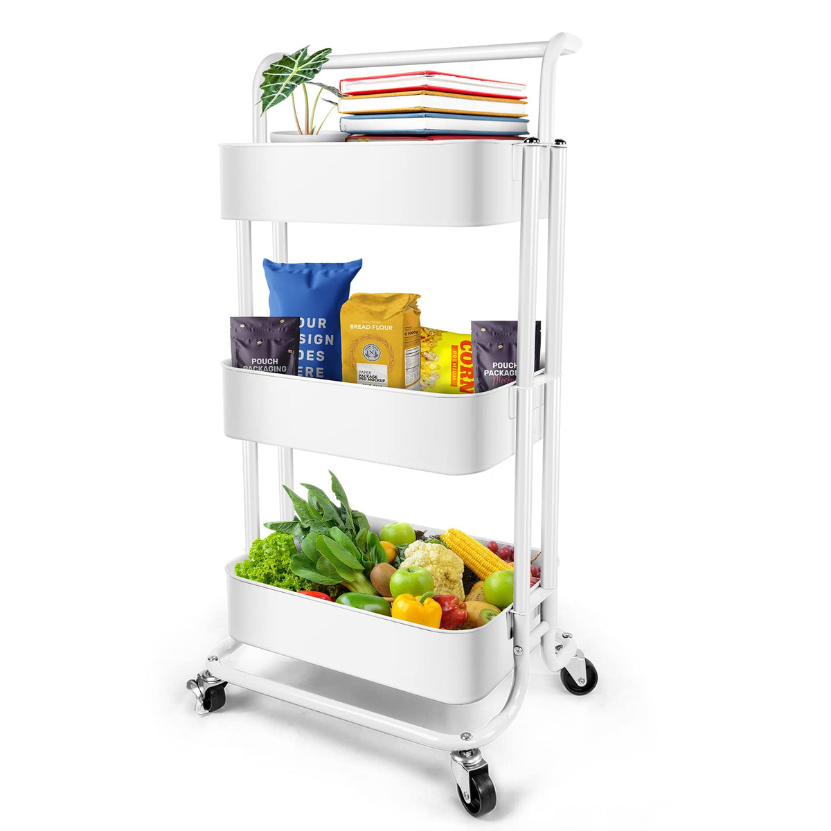 Homchwell 3 Tier Metal Utility Rolling Cart with Lockable Wheels, Multifunction Movable Storage