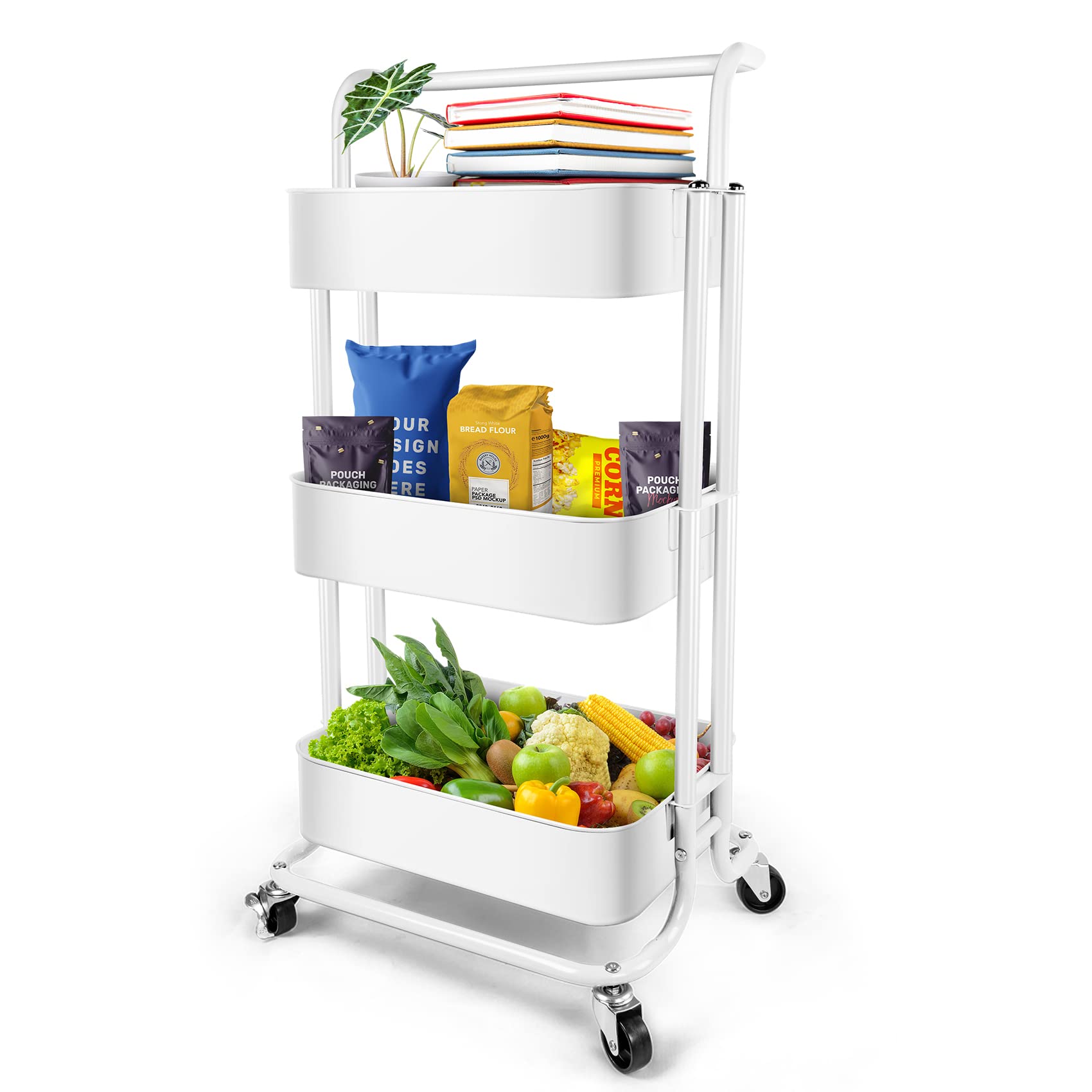 Homchwell 3 Tier Metal Utility Rolling Cart with Lockable Wheels, Multifunction Movable Storage