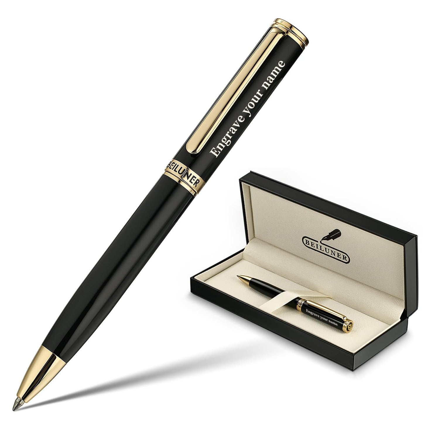 BEILUNER Luxury Personalized Gel Pen with 24K Gold Finish, Black Piano Lacquer, Luxury Grade