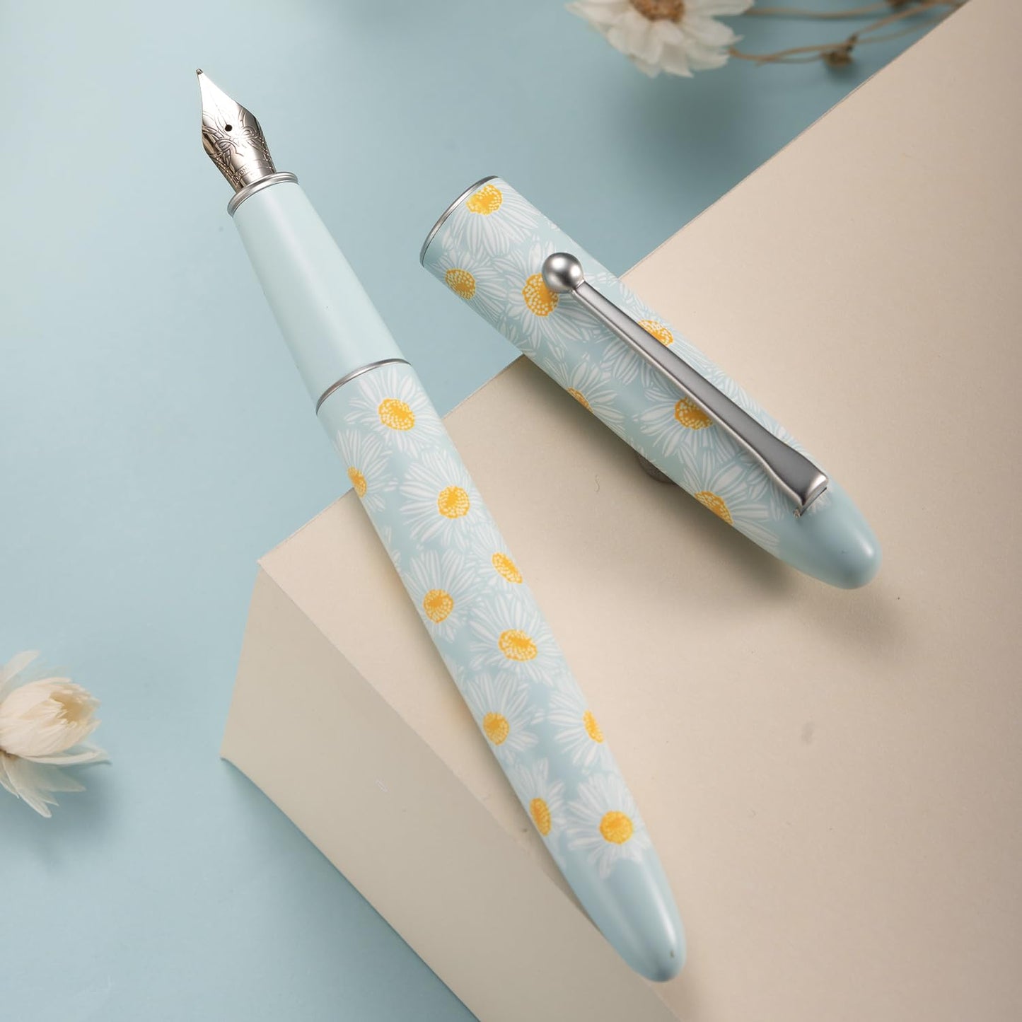 HONG DIAN C3 Fountain Pen, Iridium Fine Soft Nib Chinese Knot Carving, Light Blue & Little Daisy