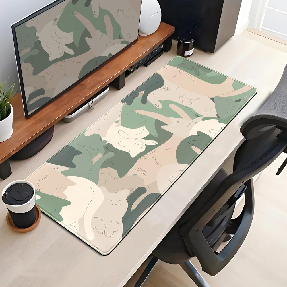 Green Simple Cat Desk Mat Sleeping Cute Long Cool Mouse Pad for Laptop Gaming Computer Keyboard Pad