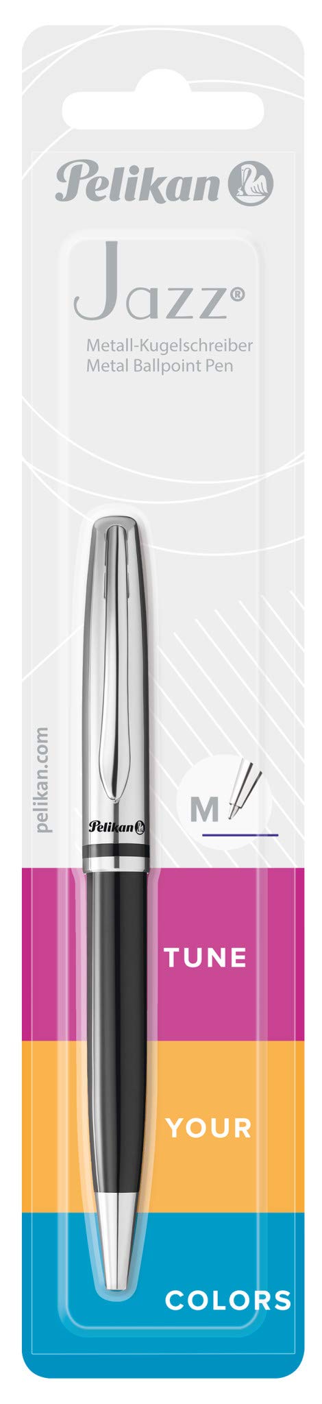 Pelikan Jazz Classic Ballpoint Pen, Medium Nib, Blue Ink Refill Included, Metal, Black, Blister