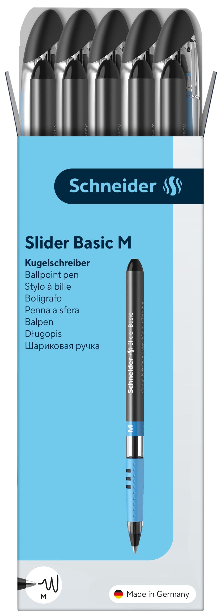Schneider Slider Basic M (Medium) Ballpoint Pen, 1.0 mm, Transparent Barrel, Black Ink, Box of 10