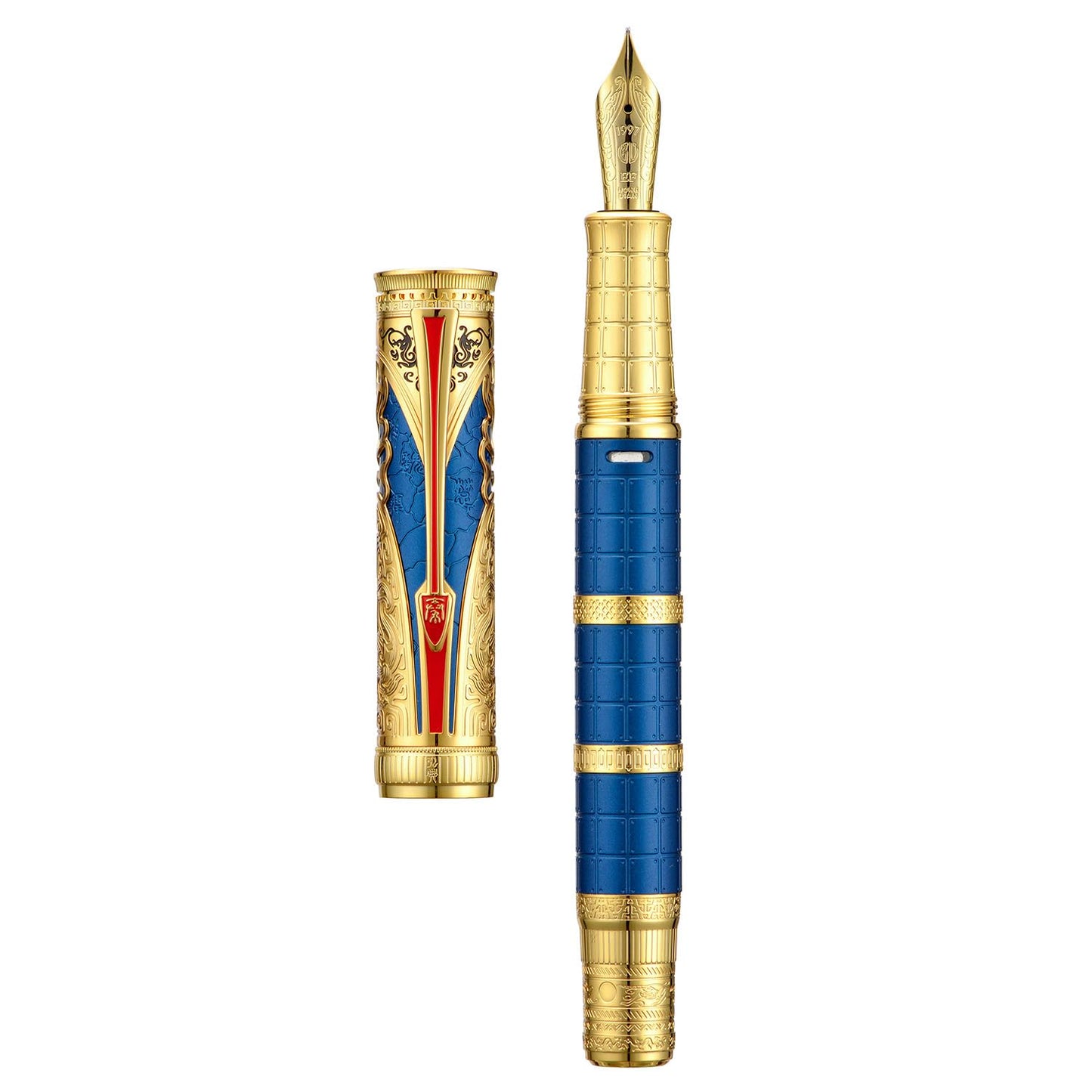 HONG DIAN D5 Qin Dynasty Fountain Pen Blue Gold, Fine Nib Piston Filling Pen, Retro Chinese Totem