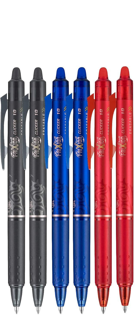 Clicker Retractable Erasable Gel Pen, Black/Blue/Red Bold Point, 6-pk;