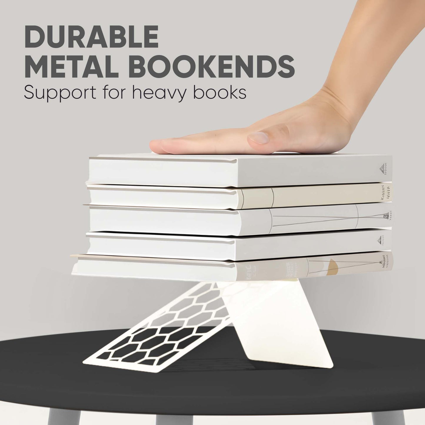 White Geometric Honeycomb Metal Bookends - Book Ends for Shelves - Decorative Modern Heavy Duty