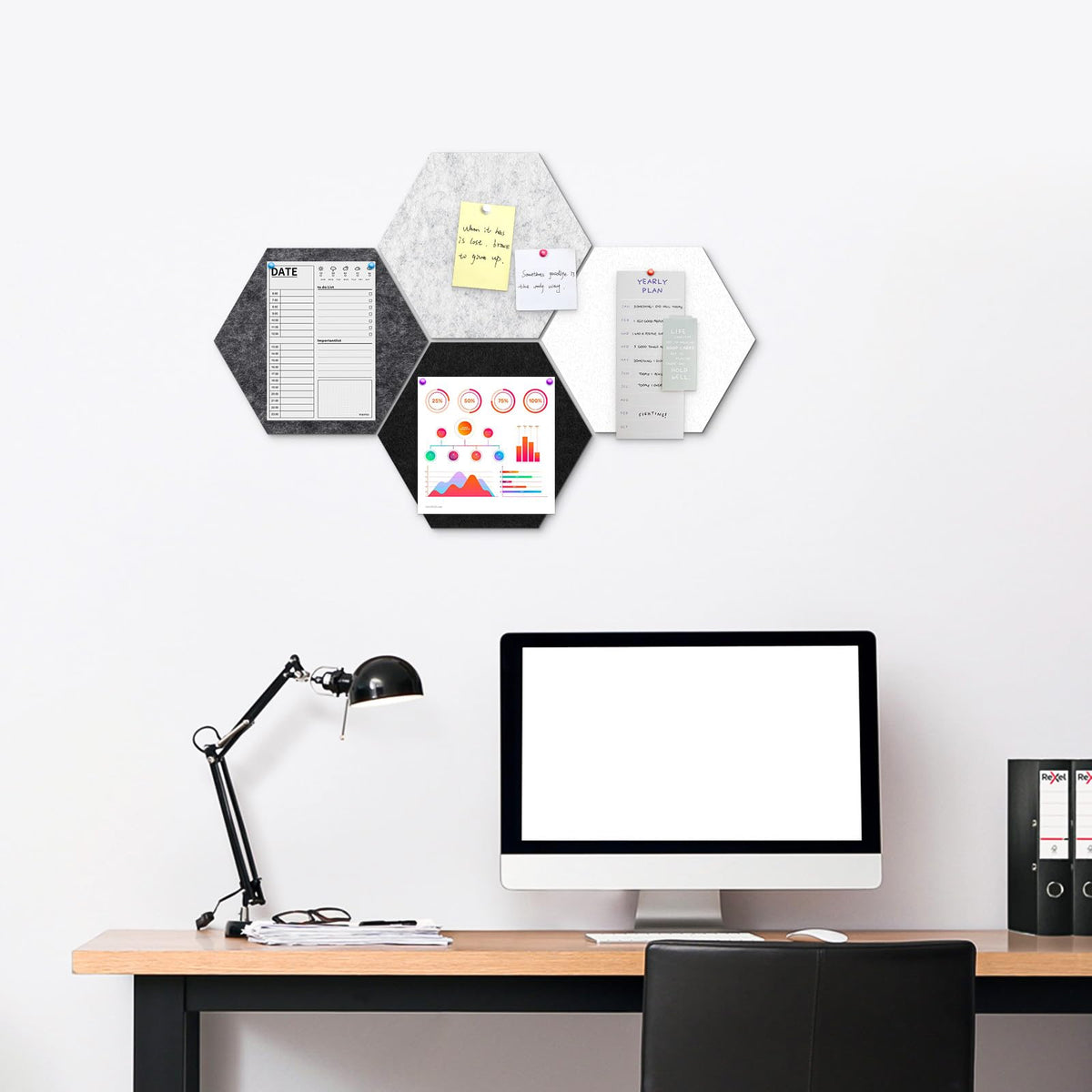 Uoisaiko 4 Pack Hexagon Felt Bulletin Board Tiles - 12" Large Thick Pin Board for Walls with 30