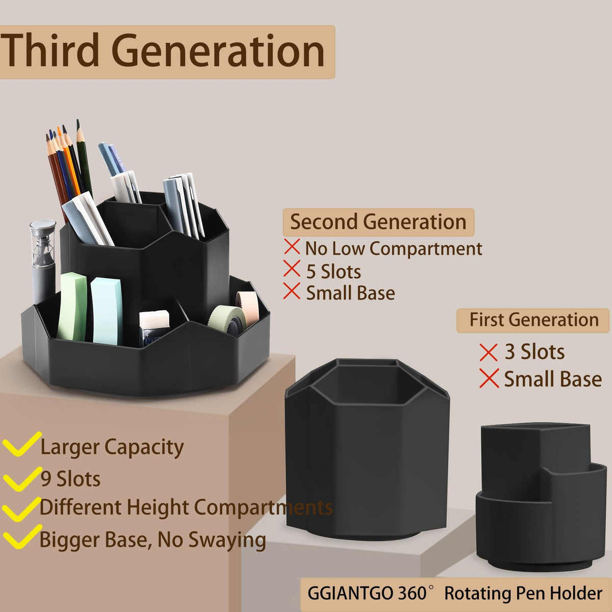 GGIANTGO Pencil Pen Holder for Desk, 9 Slots 360 Degree Rotating Desk Organizer, Cute Pen