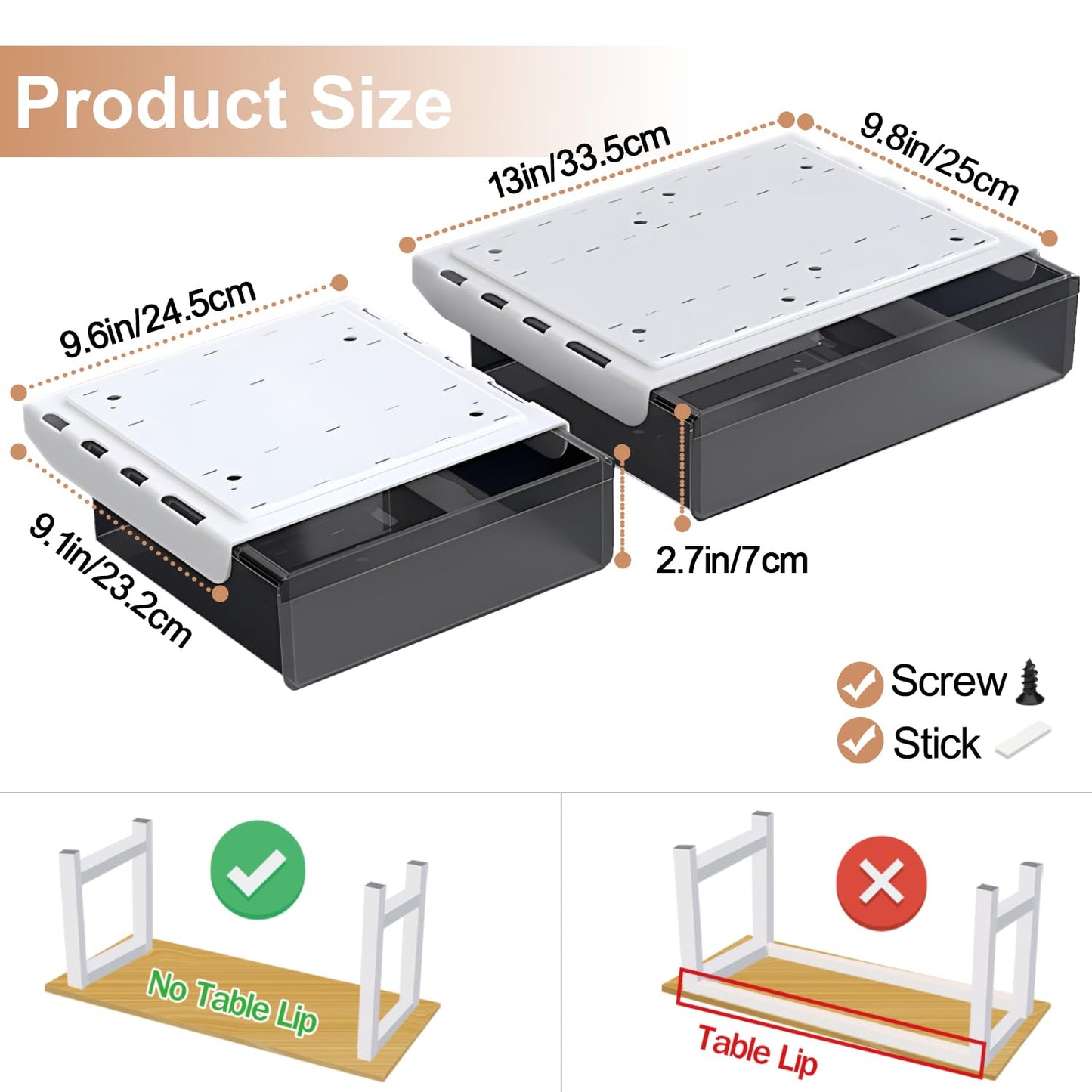 SVNNELP Under Desk Table Drawer Storage Organizer,2 Pack Large & Medium Slide Out Desk Drawers