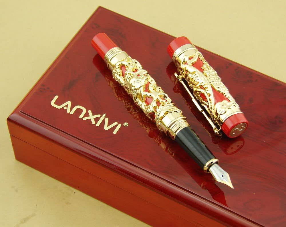 Jinhao Dragon Phoenix 3d Embossment Golden Red Fountain Pen Bent Nib Chinese Ruyi Clip Wooden Box