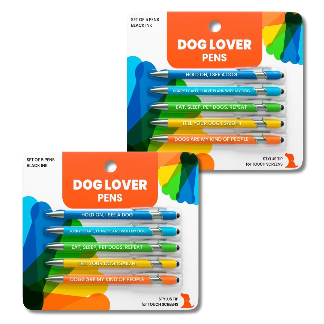 Funny Dog Lover Gift Pen Set, 5 Black Ink Ballpoint Pens, Stylus Tip, 2Pack