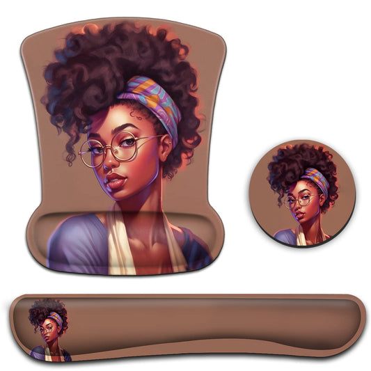 Ergonomic Mouse Pad Wrist Support Gel and Keyboard Wrist Rest Set American Women African Black