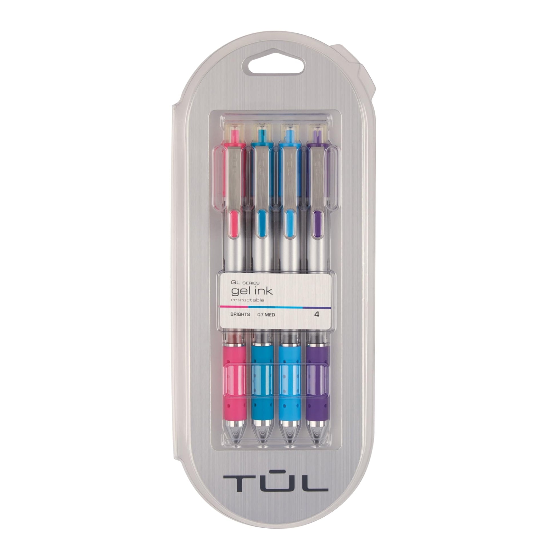 TUL GL Series Retractable Gel Pens, Medium Point, 0.7 mm, Silver Barrel, Assorted Ink, Pack Of 4