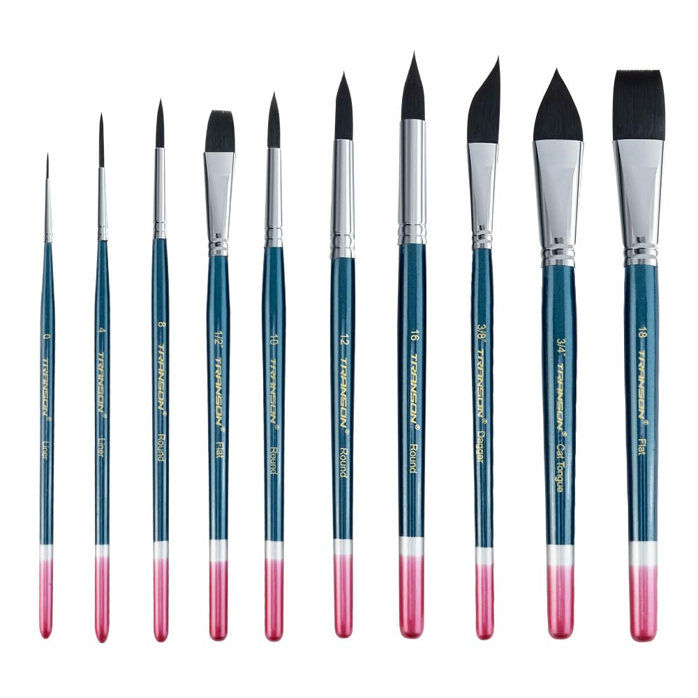 Transon 10pcs Natural Watercolor Paint Brush Set Professional for Watercolor Acrylic Ink Gouache