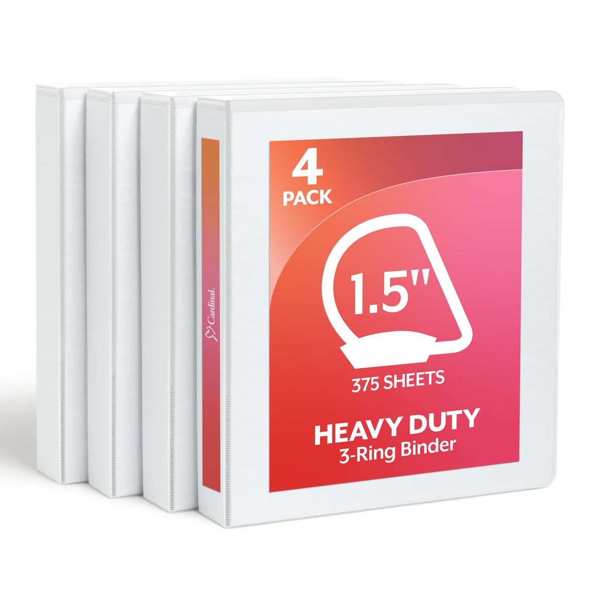 Cardinal 1.5 Inch 3 Ring Binder, D Ring, White, 4 Pack, Holds 375 Sheets (29400)