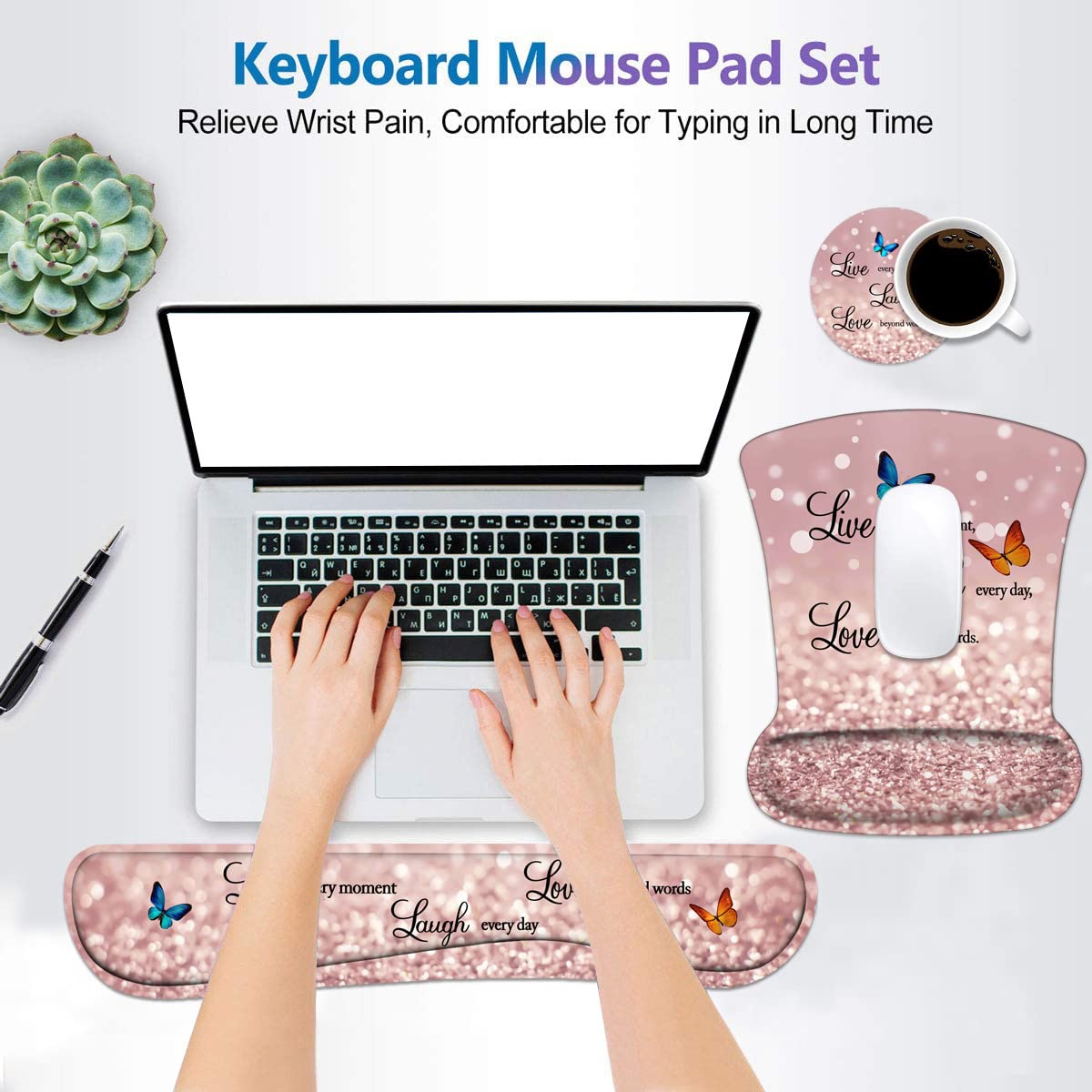 Keyboard Wrist Rest and Mouse Wrist Rest Pad Set with Coasters, Ergonomic Support, Non-Slip PU