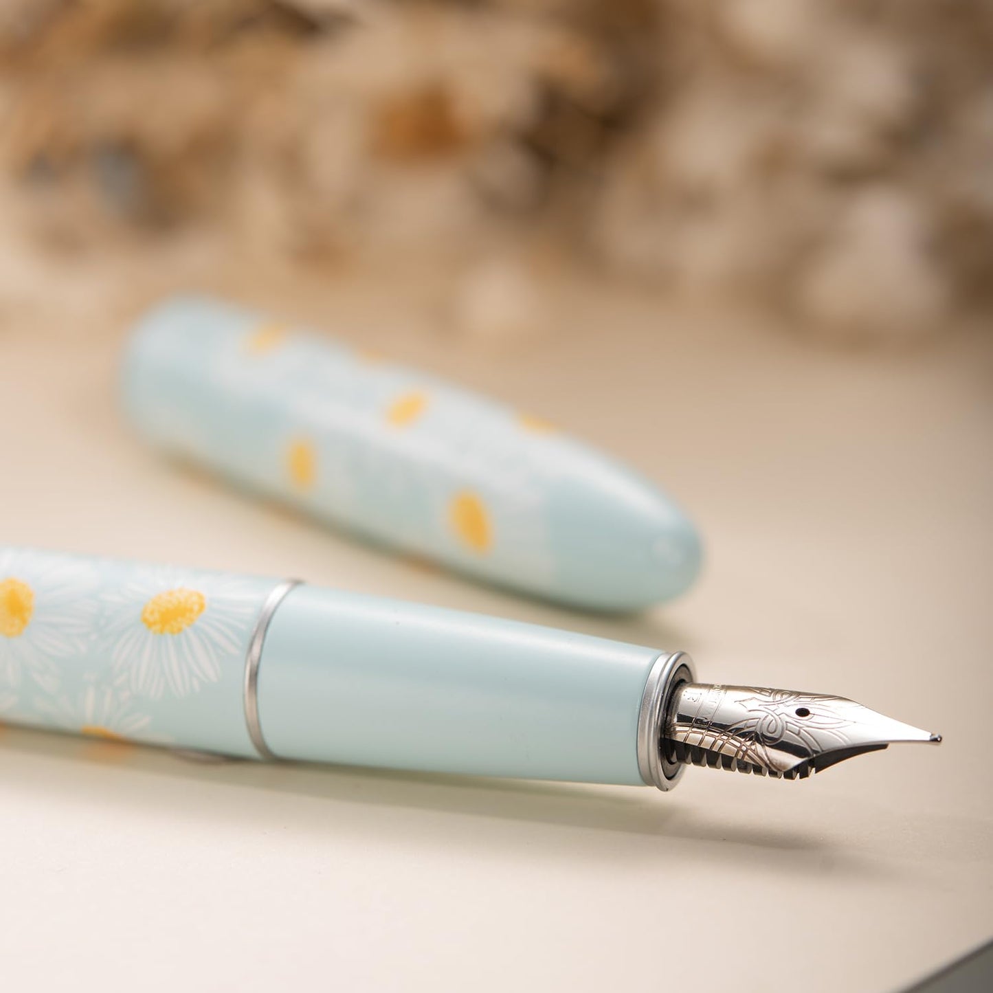 HONG DIAN C3 Fountain Pen, Iridium Fine Soft Nib Chinese Knot Carving, Light Blue & Little Daisy