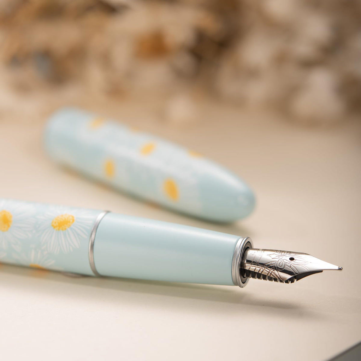 HONG DIAN C3 Fountain Pen, Iridium Fine Soft Nib Chinese Knot Carving, Light Blue & Little Daisy