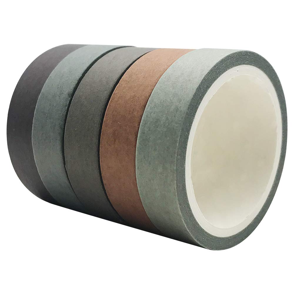 EnYan Solid Color Washi Tapes Set, 5 Rolls Basic Collection Decoration 10mm Wide Japanese Masking