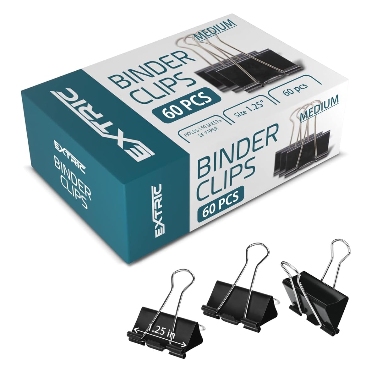 Binder Clips - 60 Medium Binder Clips, 1.25 Inch Black Paper Clamps, File Clip for Home, Office and