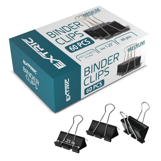 Binder Clips - 60 Medium Binder Clips, 1.25 Inch Black Paper Clamps, File Clip for Home, Office and