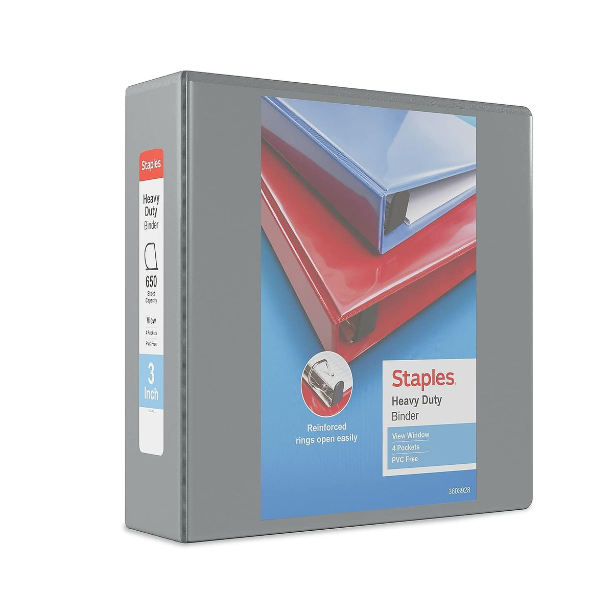 Staples Heavy-Duty 3-Inch D-Ring View Binder, Gray, 600 Sheets