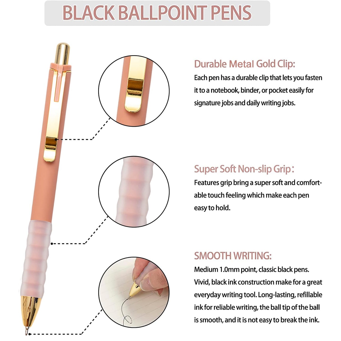 Linbsunne Ballpoint Pens Black Medium Point 1mm with Super Soft Grip Ball Point Pen for Men Women