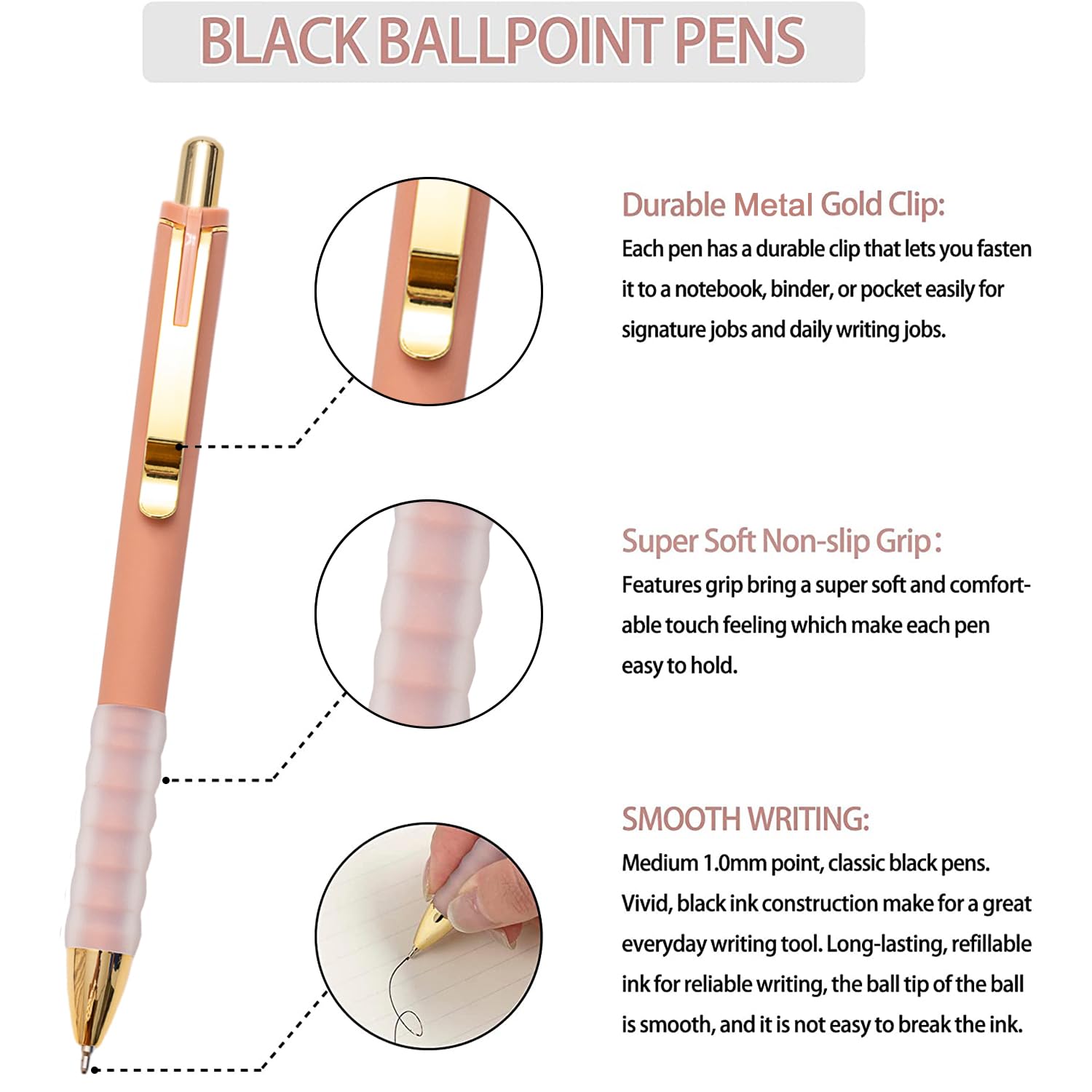 Linbsunne Ballpoint Pens Black Medium Point 1mm with Super Soft Grip Ball Point Pen for Men Women