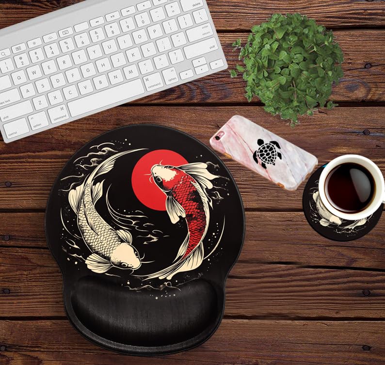 Koi Fish Mouse Pad with Wrist Support Ergonomic Mousepad Wrist Rest Carp Gel Mouse Mat Gaming