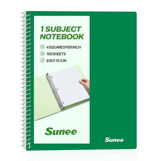 SUNEE Spiral Notebook, 1-Subject, Graph Ruled Paper, 8" x 10-1/2", 100 Sheets per Notebook, 3-Hole