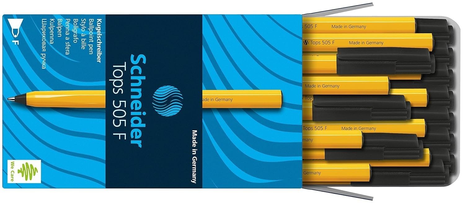 Schneider Tops 505 Ballpoint Pen with Clip Cap and Stainless Steel F Tip Black Pack of 50