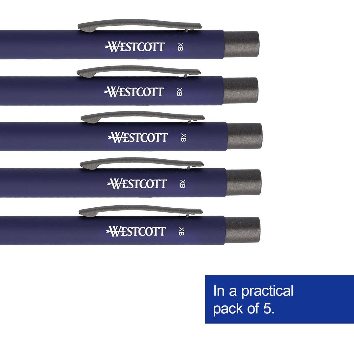 Westcott Premium Ballpoint Pen Set of 5 Blue Aluminium Ballpoint Pens Document Safe with Blue Ink