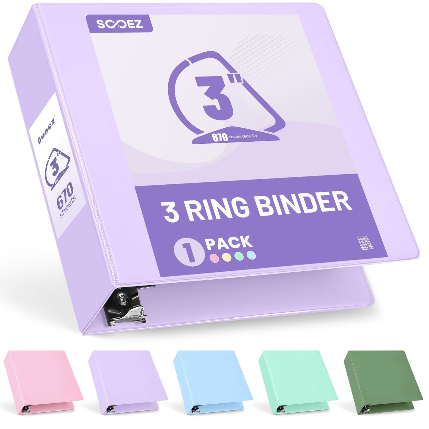 Sooez 3 Ring Binder 3 Inch, Large Binder with Pockets, Purple, Letter Size