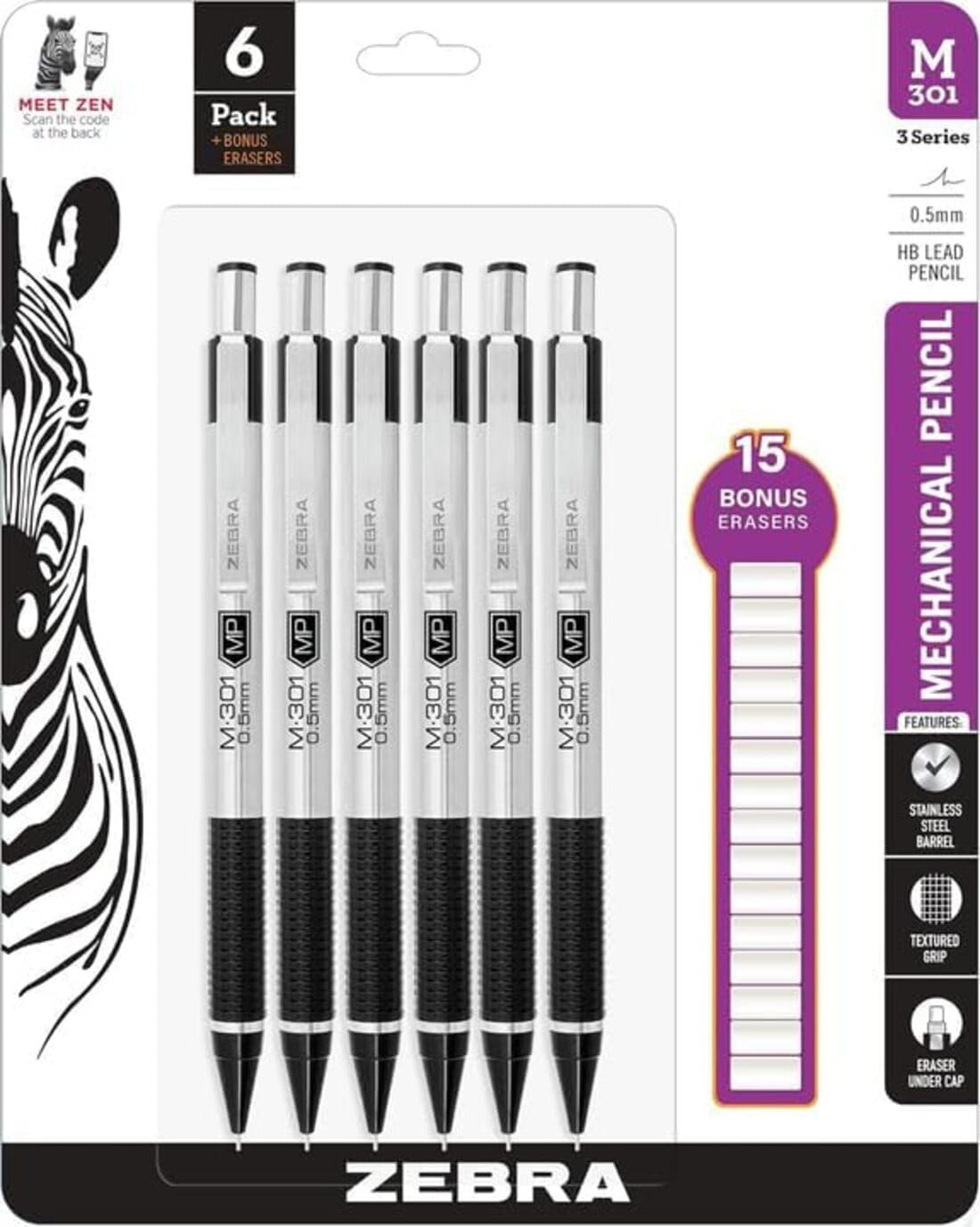 Zebra Pen M-301 Stainless Steel Mechanical Pencils, 0.5mm Fine Point HB Lead Pencil, 6 Pack with 15