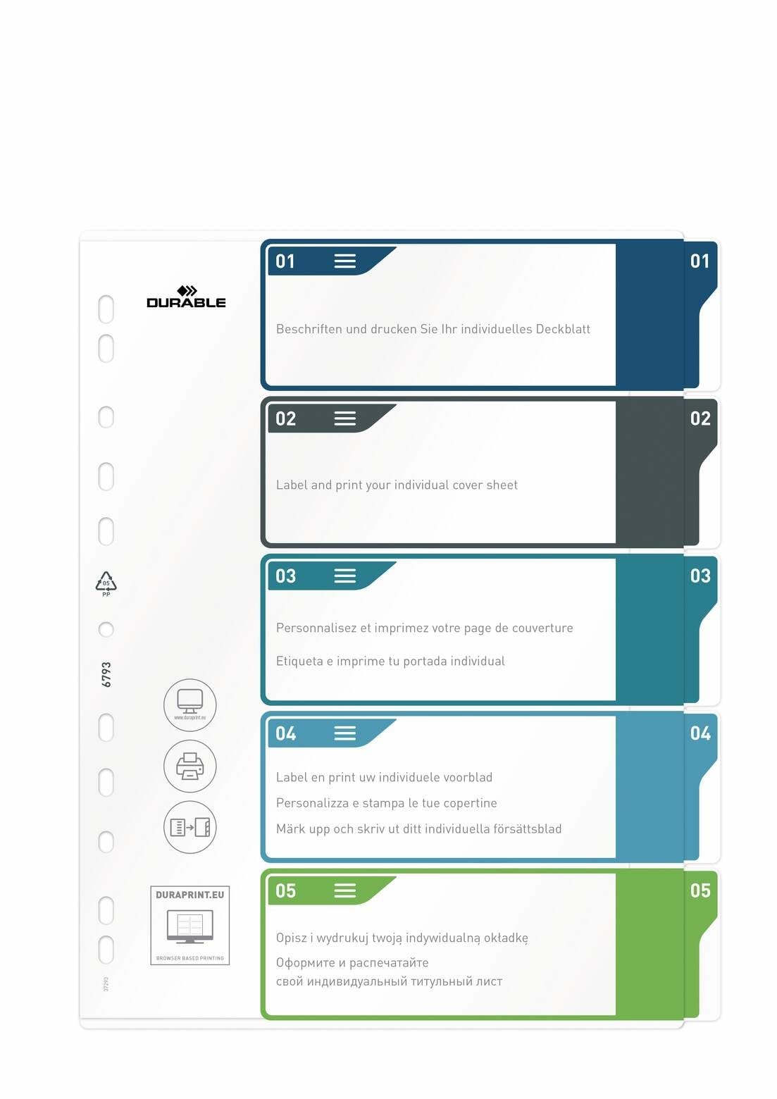 Durable Index Set 1-5 A4+, Portrait, Multicoloured Tabs, Made from PP