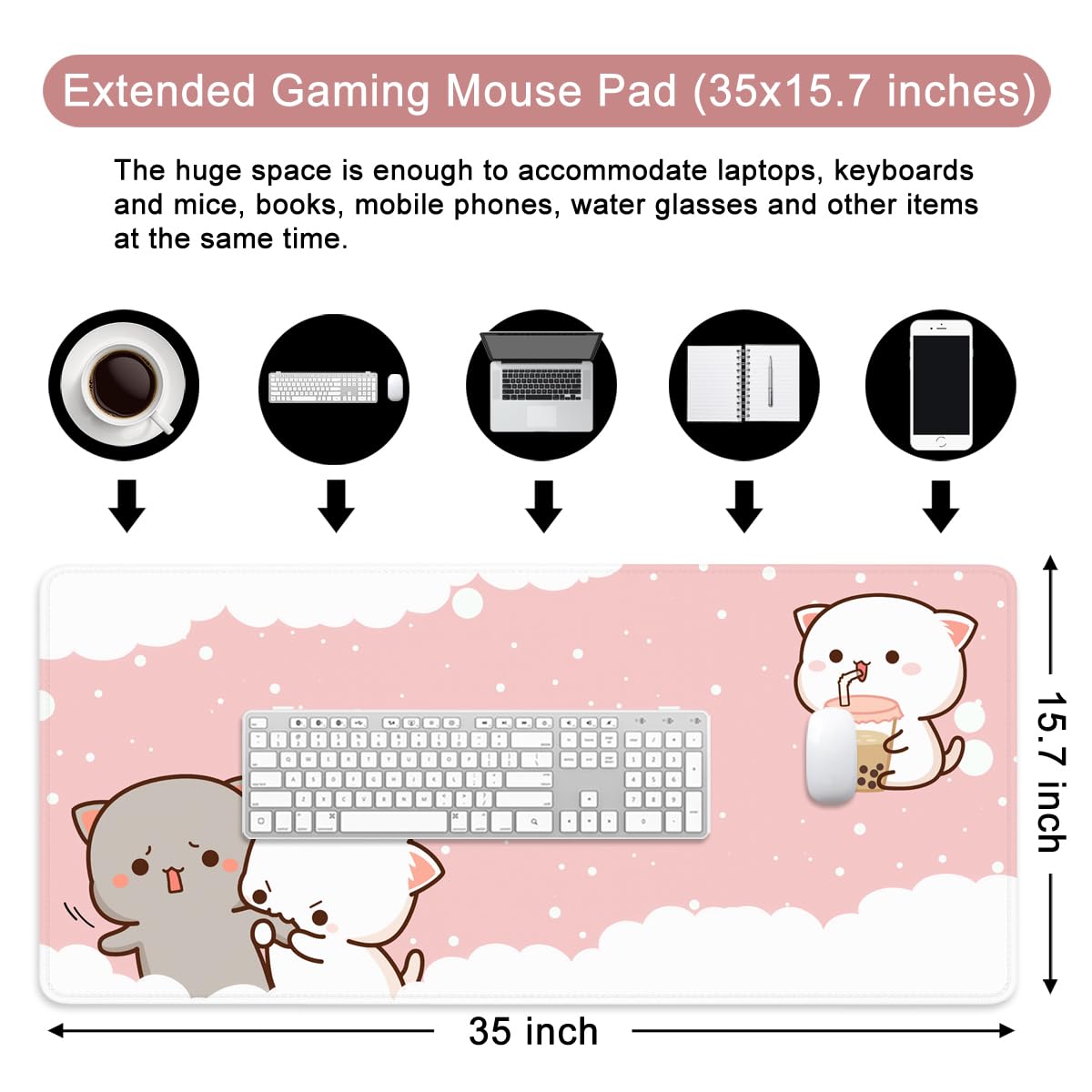 Pink Large Gaming Mouse Pad Cat Desk Pad XXL Cute Mouse Mat 35x15.7x0.12 inch Desk Accessories
