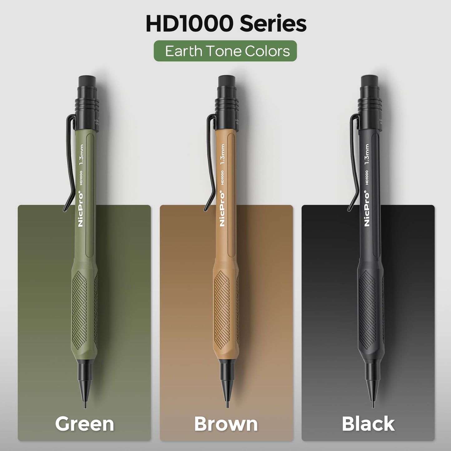 Nicpro 1.3 mm Mechanical Pencils Set 3 Colors, HD1000 1.3 Lead Pencil, 3Pcs