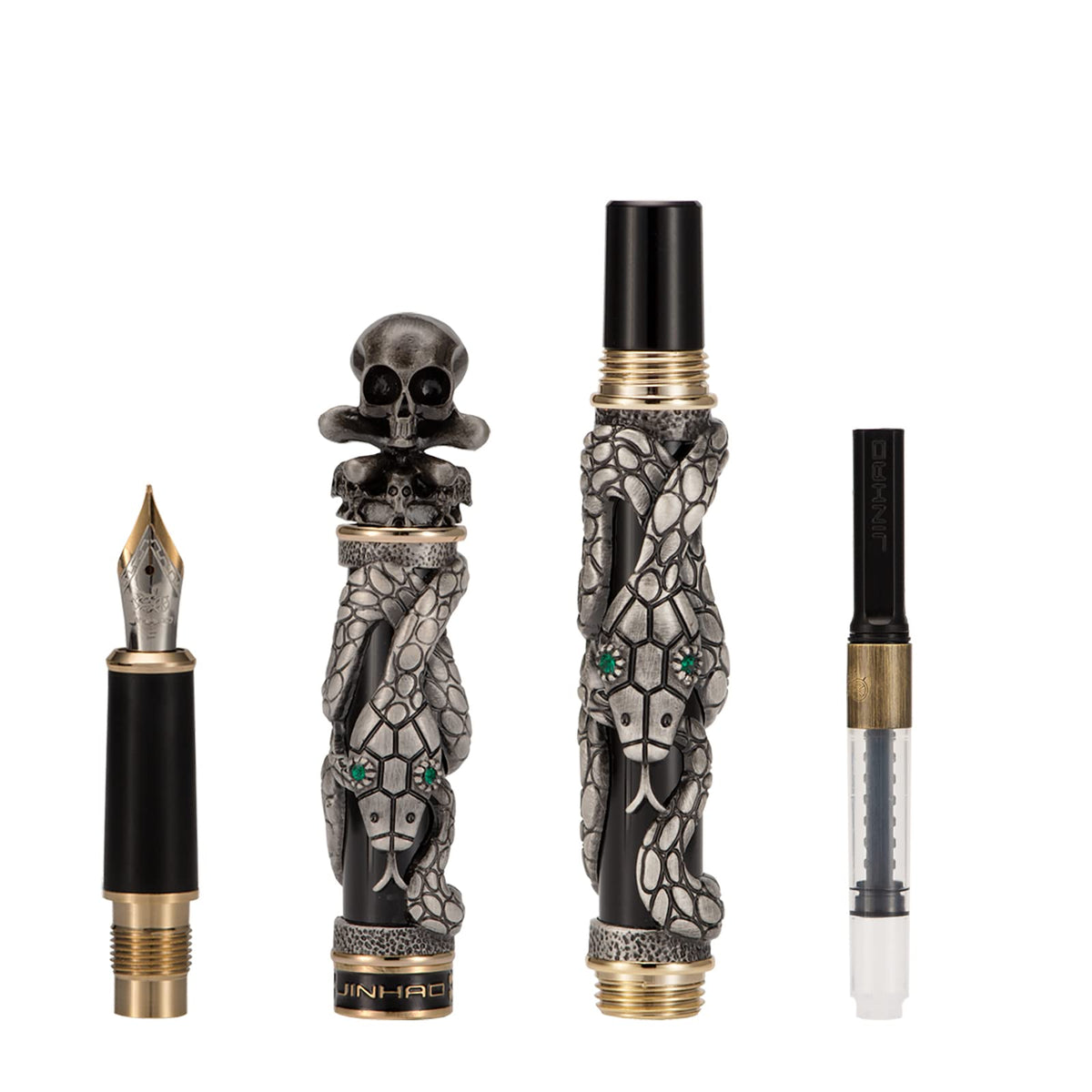 Jinhao Black Snake Fountain Pen Medium Nib Retro Style with Skull Head Solid Metal and Paper Pen