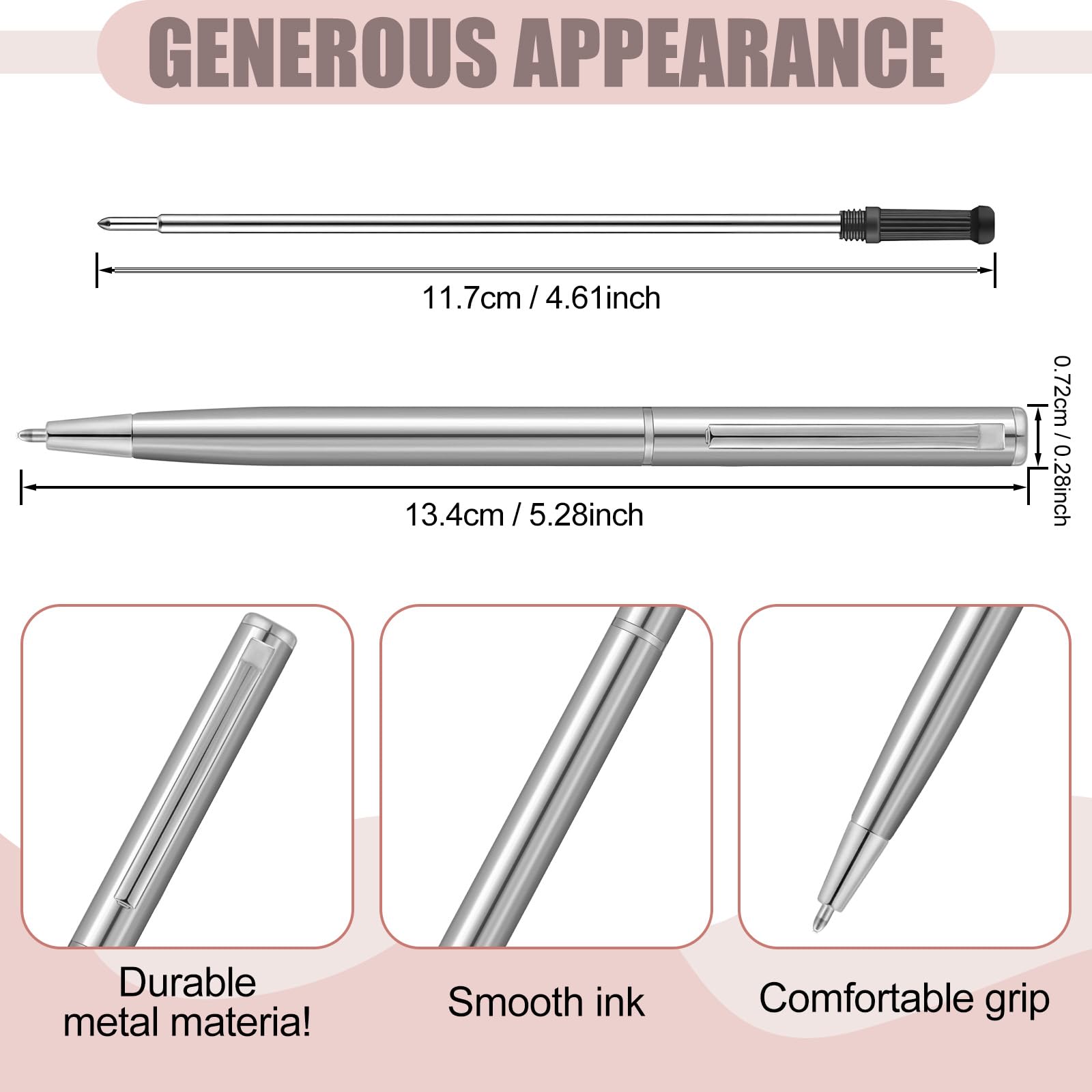 Zonon 50 Pieces Silver Metal Slim Ballpoint Pens Bulk, 1mm Black Ink